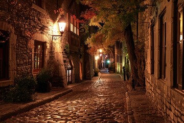 Obraz premium French Canadian Arch at Night: historic Quebec stone rampart, an iconic fortification in America
