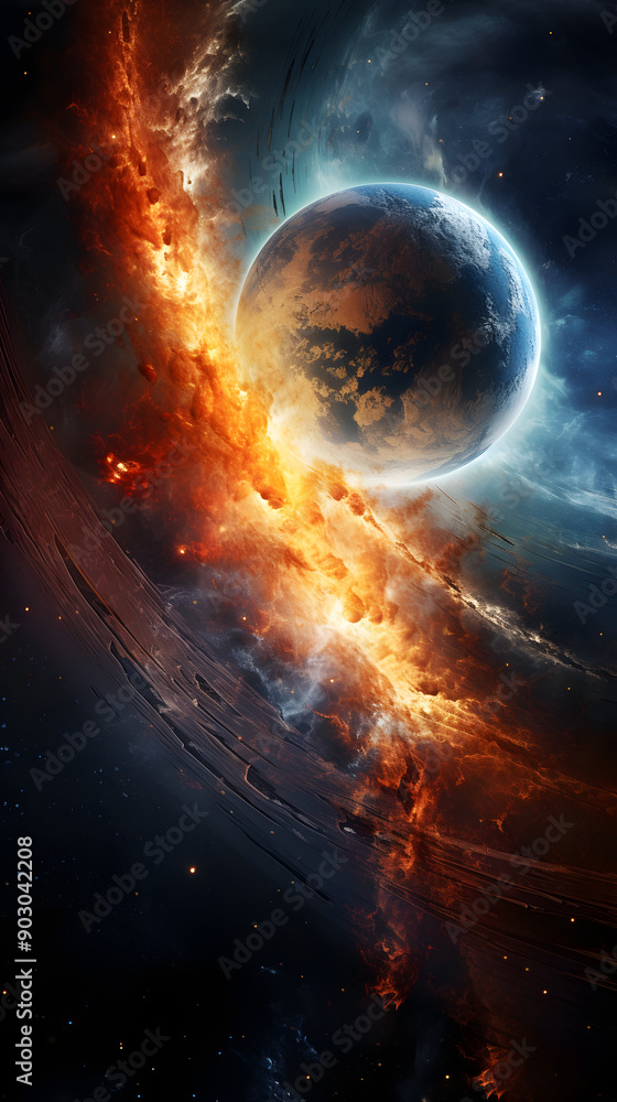 Poster a fiery explosion in space near a planet with a ring system, creating a dramatic and colorful scene.
