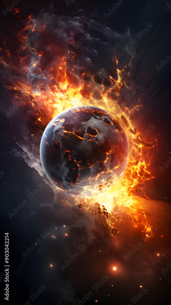 Poster a fiery explosion engulfs a planet in space, creating a dramatic and apocalyptic scene.