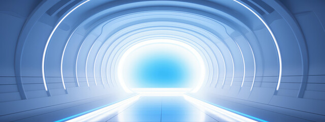 Obraz premium Futuristic White Tunnel with Glowing Blue Lights, Sleek and Modern Design, Sci-Fi Backgrounds and High-Tech Concept Art