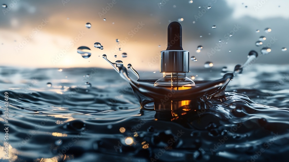 Poster serum bottle in water with splashes and waves : Generative AI