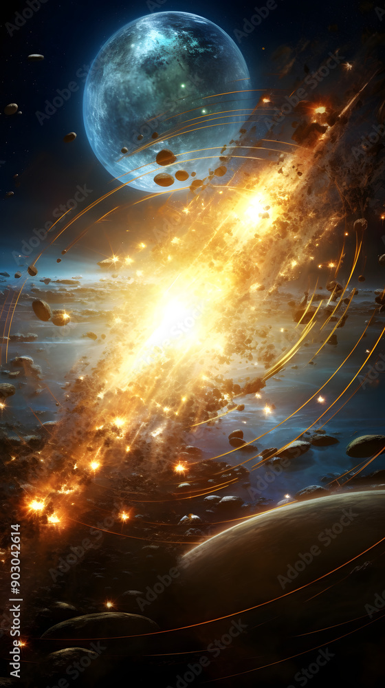 Poster a fiery explosion in space with a bright light illuminating asteroids and planets in the distance.