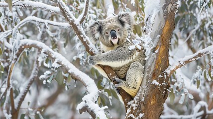 A koala in a tree with a light dusting of snow or frost, showcasing a rare winter scene