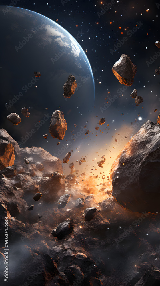 Poster a dramatic depiction of a celestial collision, with a planet in the background and asteroids crashin