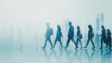 Team of professionals walking through a hazy urban setting, symbolizing resilience and teamwork, Surreal, Blue tones, High-resolution