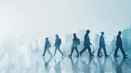 Team of professionals walking through a hazy urban setting, symbolizing resilience and teamwork, Surreal, Blue tones, High-resolution