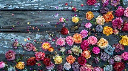 Fototapeta premium Multi Color Roses on Wood Background. Many-Coloured Moss Roses with Copy Space for Greeting Card