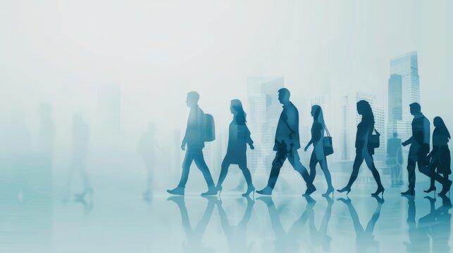 Team of professionals walking through a hazy urban setting, symbolizing resilience and teamwork, Surreal, Blue tones, High-resolution