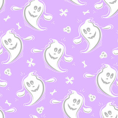 Seamless pattern of cute ghosts, bones and skulls
