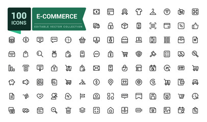 E-Commerce icon set in line style. Minimal Online shopping icons for web and mobile app. Business, mobile shop, gifts, sale, delivery. Vector illustration.