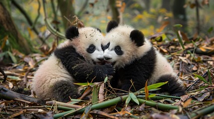 Obraz premium Two panda cubs engaging in playful wrestling, surrounded by fallen bamboo leaves and branches