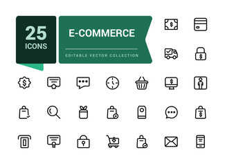 E-Commerce icon set in line style. Minimal Online shopping icons for web and mobile app. Business, mobile shop, gifts, sale, delivery. Vector illustration.