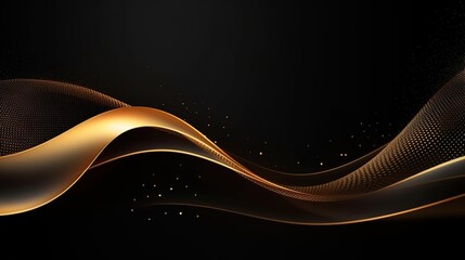 Abstract black and gold wavy background with glowing particles.