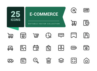 E-Commerce icon set in line style. Minimal Online shopping icons for web and mobile app. Business, mobile shop, gifts, sale, delivery. Vector illustration.