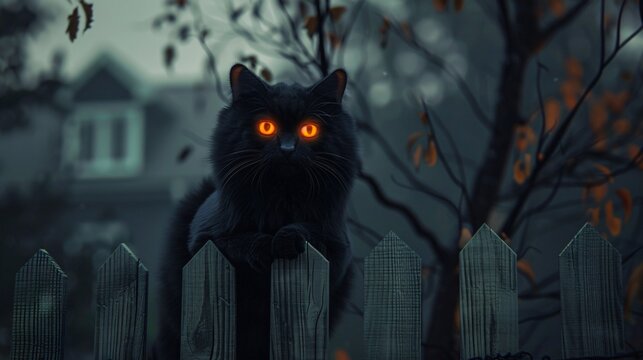 Eerie Black Cat with Glowing Eyes Perched on Fence in Moonlight