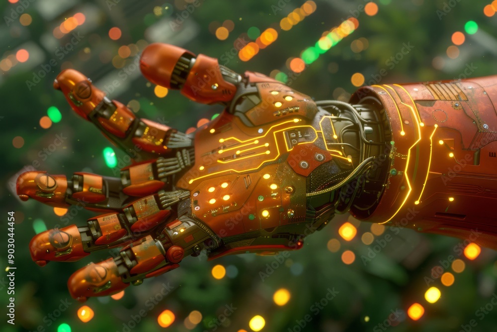 Poster robotic hand with orange lights in a futuristic setting showcasing advanced technology and intricate