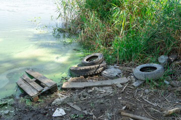 Plastic trash and old tires in the lake. Garbage dump in forest scattered in river. People...