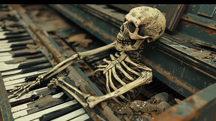 A skeleton plays a spooky tune on a vintage piano in a spooky setting.