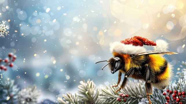 Christmas Bee Santa Card. Greeting Snowflake Winter Background
