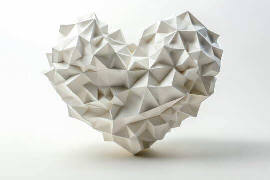 A stunning sculpture of a heart made up of intricate 3D geometric shapes, showcased on a pristine white background. The level of detail and precision is truly breathtaking.