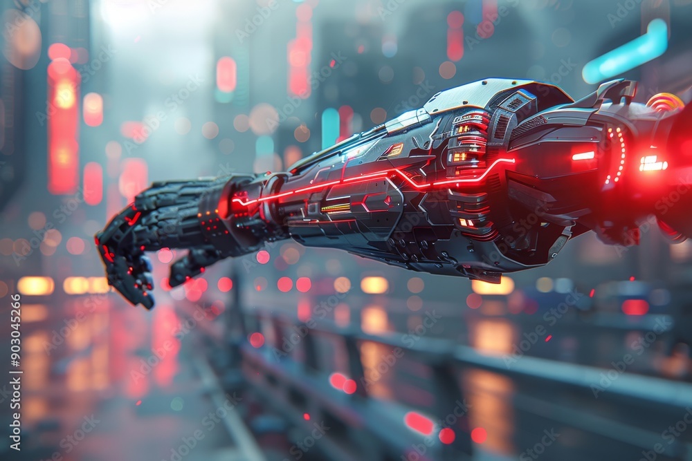 Poster robotic arm with red lights in a futuristic cityscape highlighting advanced technology and intricate