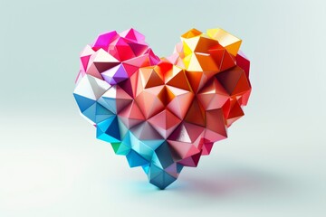 A captivating 3D heart sculpture crafted from an array of colorful geometric shapes, creating an eye-catching display against a pure white surface. 