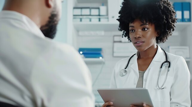 Overshoulder view of african american woman analyzing patients nutrition data on digital tablet in consulting room Efficient dietitian assessing health needs of male client in medical  : Generative AI