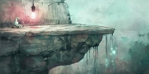 Canyon's Edge: The rugged rock face of a canyon walls looms in the distance, as a rustic desk made of reclaimed wood is illuminated by a hanging Edison bulb