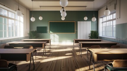 Fototapeta premium A minimalist classroom with neatly arranged desks, a chalkboard, and soft lighting, offering a clean and organized environment