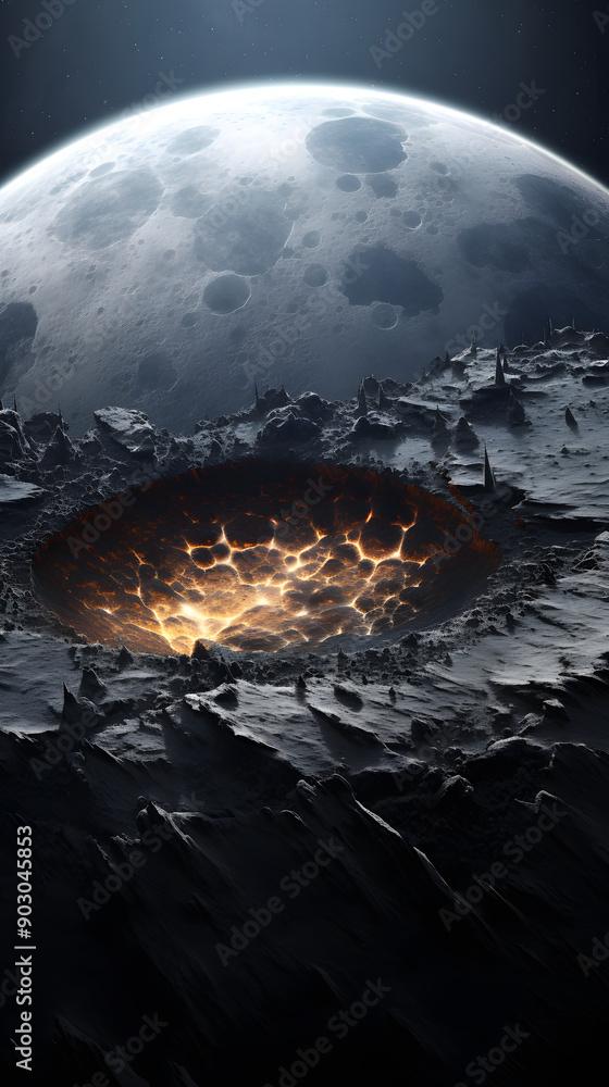 Poster a close-up of a moon's surface, with a glowing crater filled with lava. the moon is partially visibl