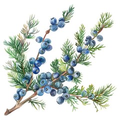 Juniper Sprig. Watercolor Botanical Illustration of Blue Juniper Berries on Green Branch