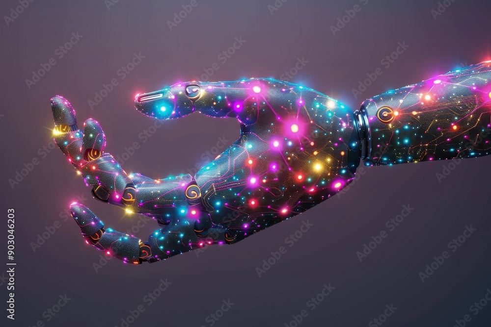 Poster robotic hand with multicolored lights in a dark setting showcasing advanced technology and vibrant d