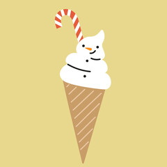 Cute ice cream snowman with candy cane in waffle cone.  Hand drawn Christmas vector illustration. Funny xmas background, poster, card, social media banner.