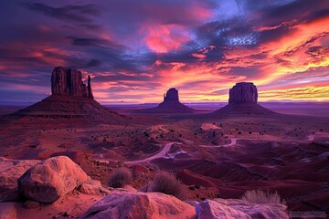 Naklejka premium Navajo Land. Historical Building in Monument Valley, Vale Landscape at Spectacular Sunset