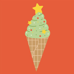 Cute ice cream Christmas tree in waffle cone.  Hand drawn vector illustration. Funny xmas background, poster, card, social media banner.