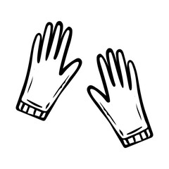 Pair of gardening gloves hand drawn in doodle style. Hand protection when working in the garden. Hobby gardening. Vector line art illustration.