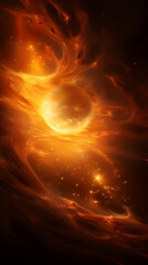 Fototapeta premium A fiery orange nebula surrounds a bright, glowing planet in the vast expanse of space, with countless stars twinkling in the background.