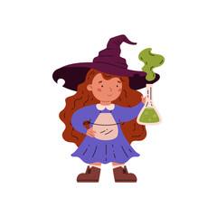 Little witch with red hair and a potion for Halloween celebration.