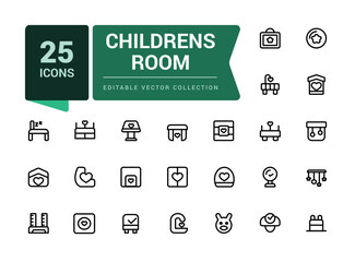 Childrens room icons set. Minamal outline set of childrens room vector icons for web and ui design.