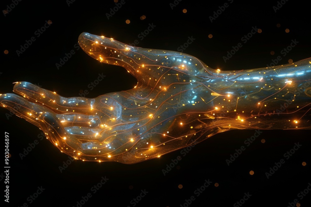 Aufkleber futuristic robotic hand with glowing lights in a dark setting showcasing advanced technology and sle