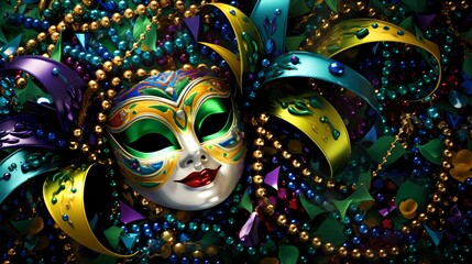 A vibrant Venetian mask rests on a colorful array of Mardi Gras beads and confetti.