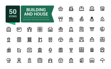 Set of building and house icons. Line icon for web and ui design. Thin linear style icons Pack. Vector Illustration