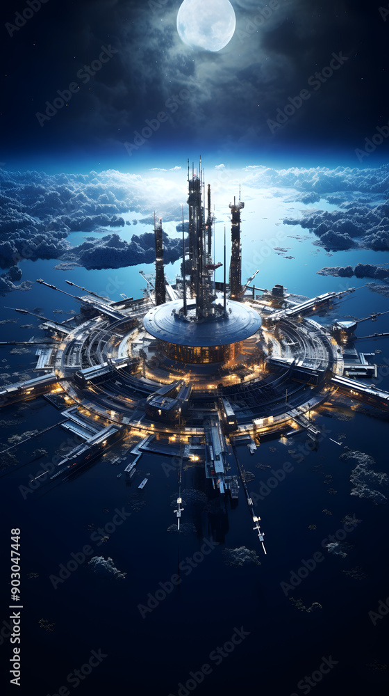 Poster a futuristic space station with a large circular platform and tall towers, illuminated under a full 