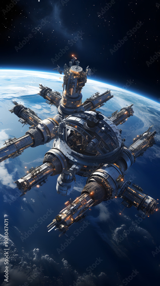 Poster a futuristic space station orbits a blue planet, surrounded by stars and clouds. the station has a l