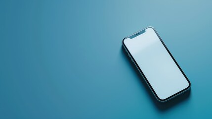 A modern smartphone with a blank screen on a blue background, perfect for showcasing technology and app interfaces.