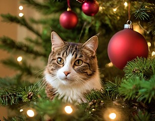 cat against the background of a Christmas interior. Christmas or New Year template