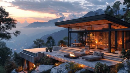 3D Rendering of Cozy Wooden Cabin with Large Terrace and Beautiful Landscape at Dusk