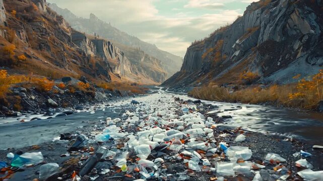 waste product plastic bottles in the valley,environment issue, environmental issues ,generative ai