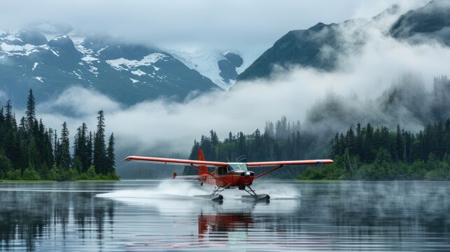Bush Plane Adventure in Alaska. Vintage Seaplane Flying in Beautiful Sky