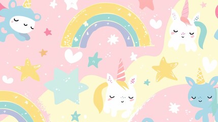 A pastel background with cute doodles of rainbows, stars, and friendly animals, providing a lighthearted and whimsical look